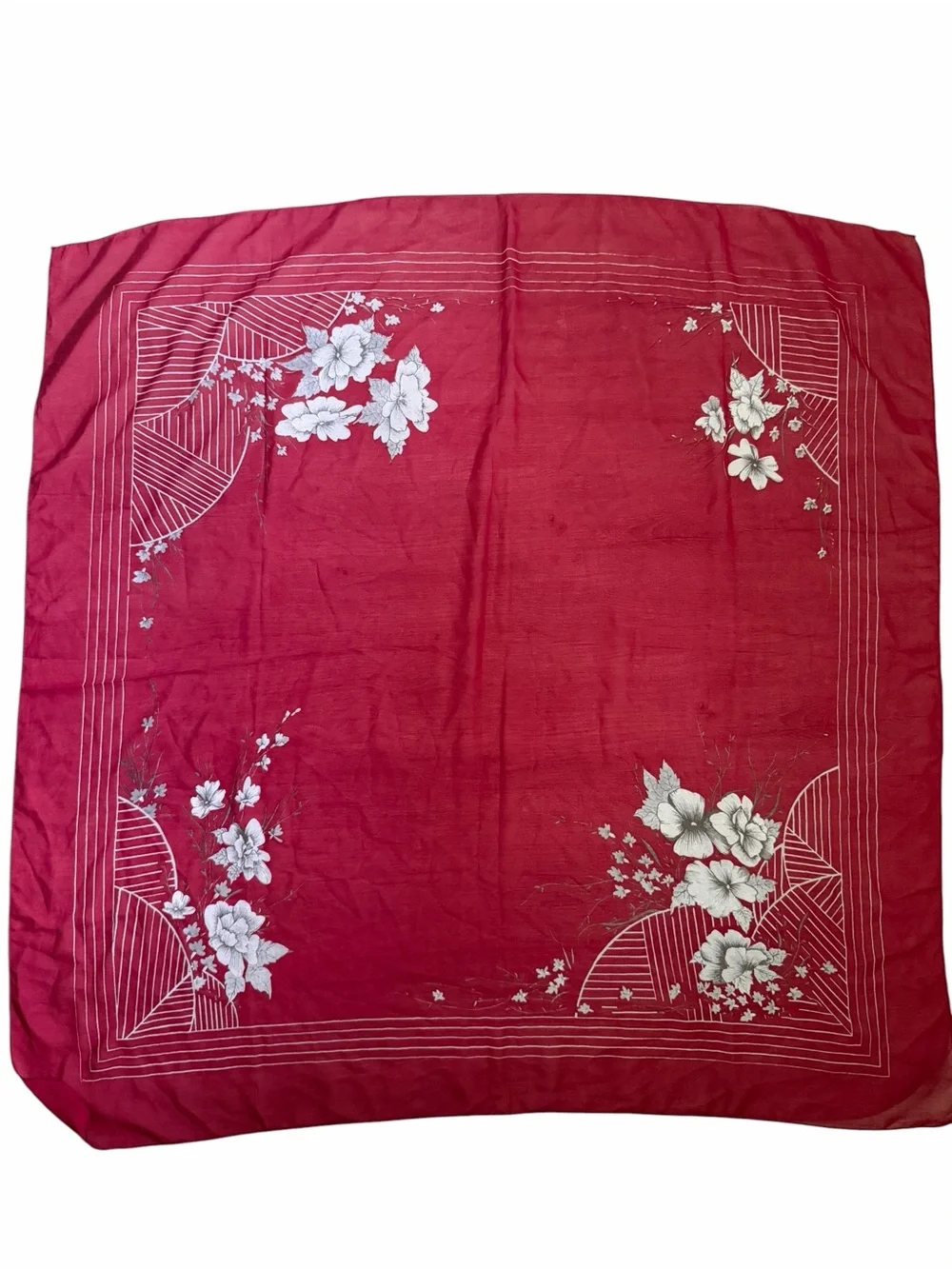 Red Floral Silk-Like Scarf with White Flower Motif